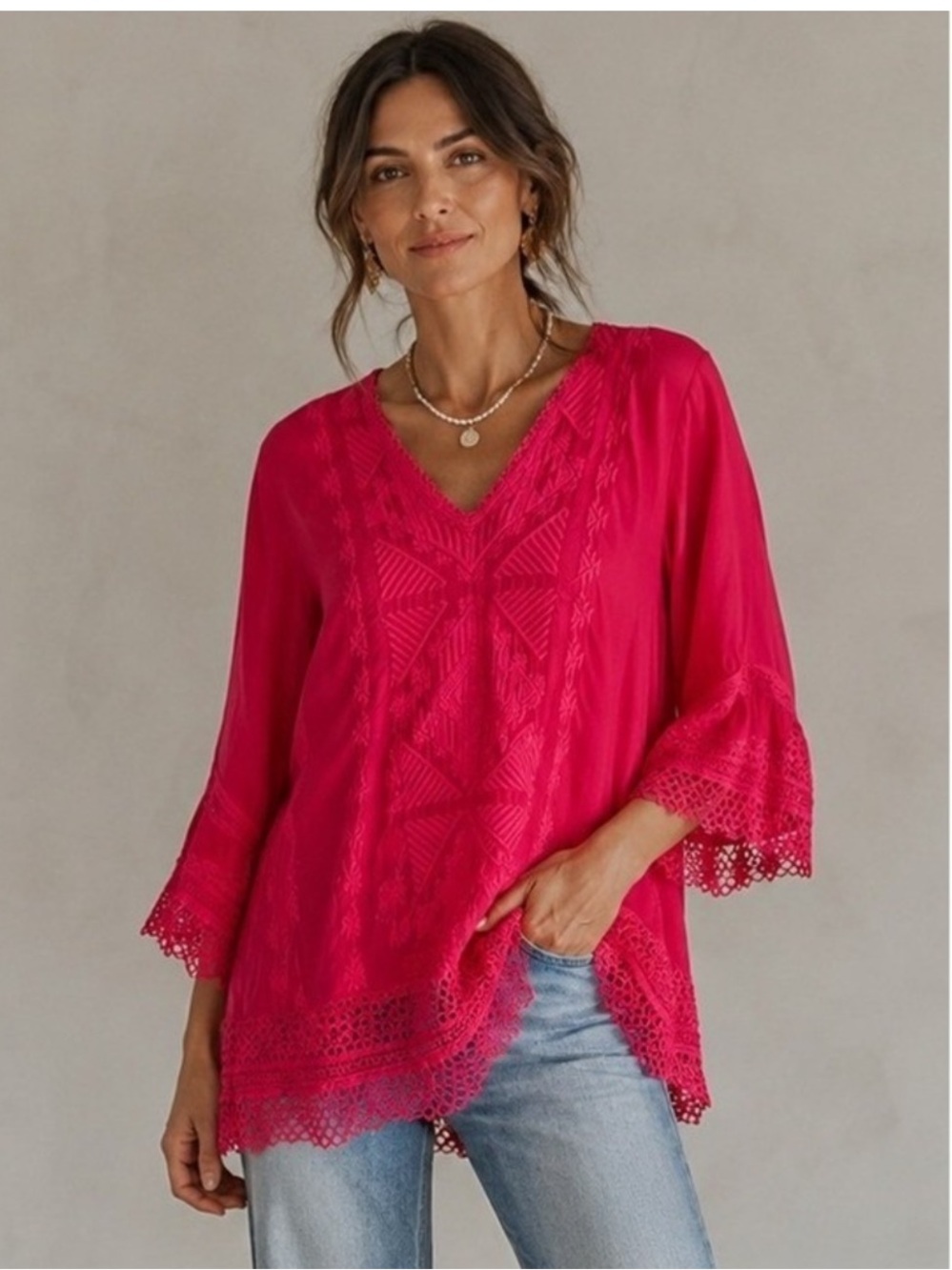 Johnny Was Embroidered Boho Tunic Lace Trim Top In Red Size M